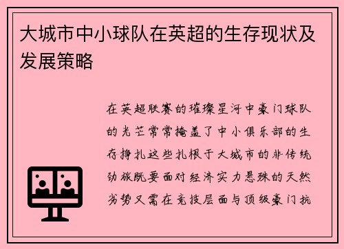 大城市中小球队在英超的生存现状及发展策略