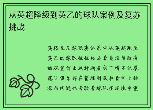 从英超降级到英乙的球队案例及复苏挑战